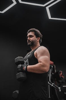 Strong male athlete lifting dumbbells in a sleek, modern gym environment.