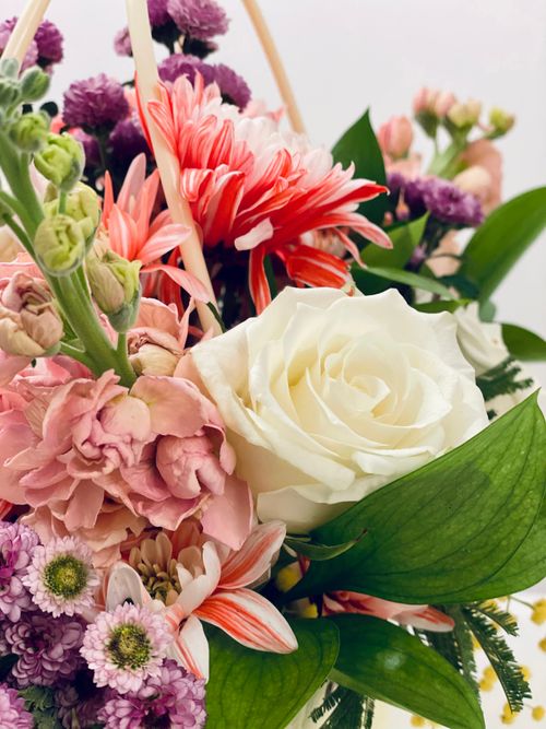 Free Close-up of a vibrant flower bouquet featuring roses and mixed blooms. Stock Photo