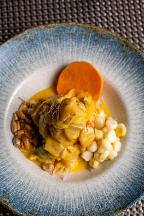 Free Vibrant Peruvian ceviche served with sweet potato and corn, showcasing a flavorful dish. Stock Photo