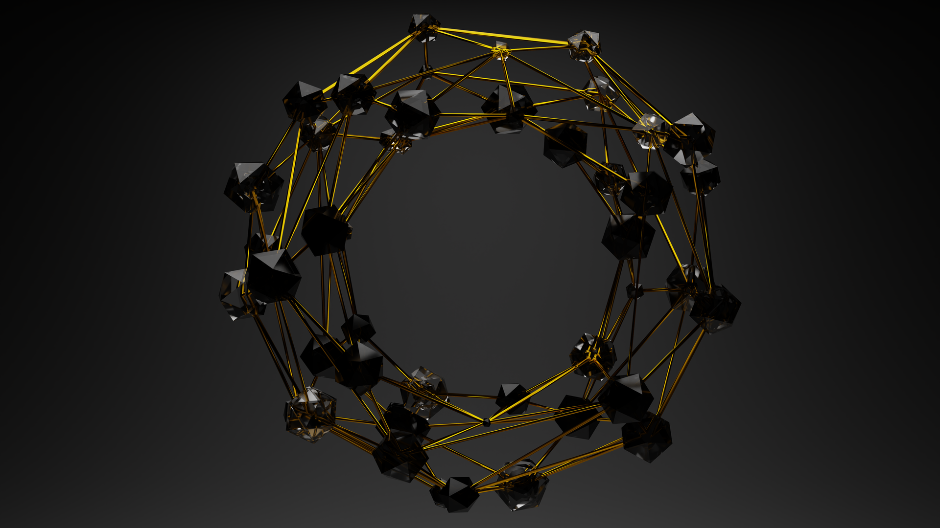 3D abstract geometric structure with gold lines and black polygons on a dark background