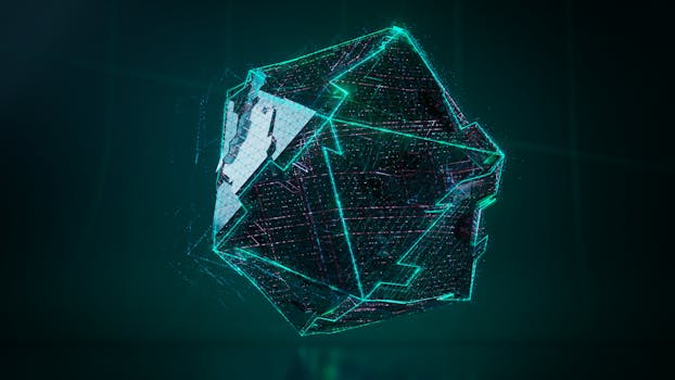 Abstract 3D geometric shape with neon green glow, digital art style, futuristic concept.