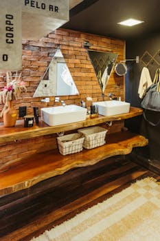 A rustic bathroom featuring a brick wall, wooden elements, and modern fixtures.