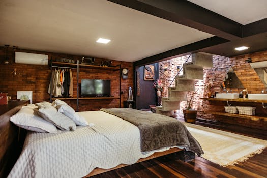 Stylish bedroom interior with unique staircase in Santa Teresa, Brazil.