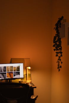 A warmly lit home office with a computer, lamp, and indoor plant in corner.