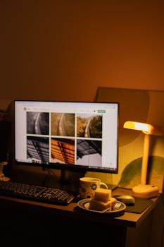 A warm-lit desk setup featuring a monitor, keyboard, lamp, and a snack for late-night work.