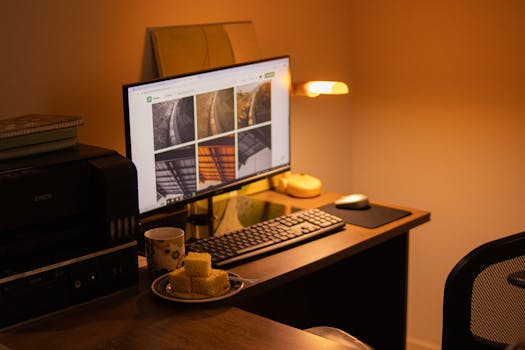 Warm-toned home office with computer setup, snacks, and ambient lighting.