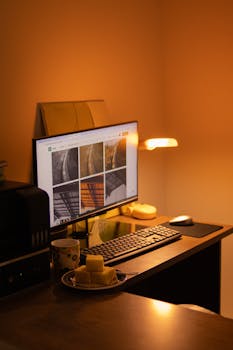A warm-lit home office featuring a desktop with a keyboard, mouse, monitor, and snacks.