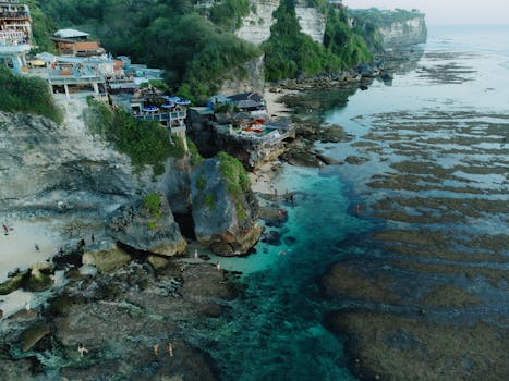 Stunning aerial shot of Uluwatu cliffs and beach, showcasing Bali's natural beauty and ocean view.