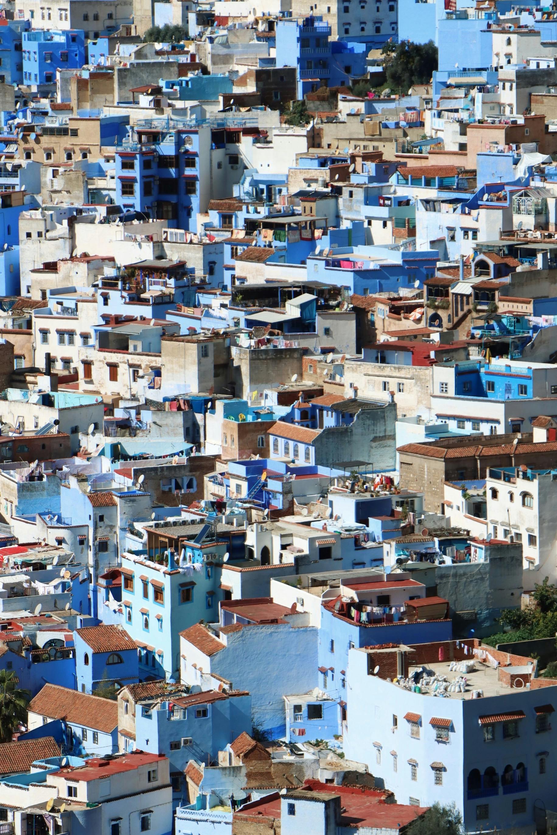 Vibrant rooftops in Chefchaouen, Morocco, showcasing iconic blue architecture.