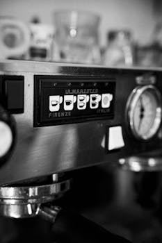 Monochrome image of a La Marzocco espresso machine control panel.