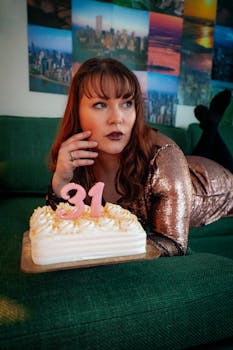 Woman in a sparkling dress celebrating her 31st birthday with a classic cake and thoughtful pose.
