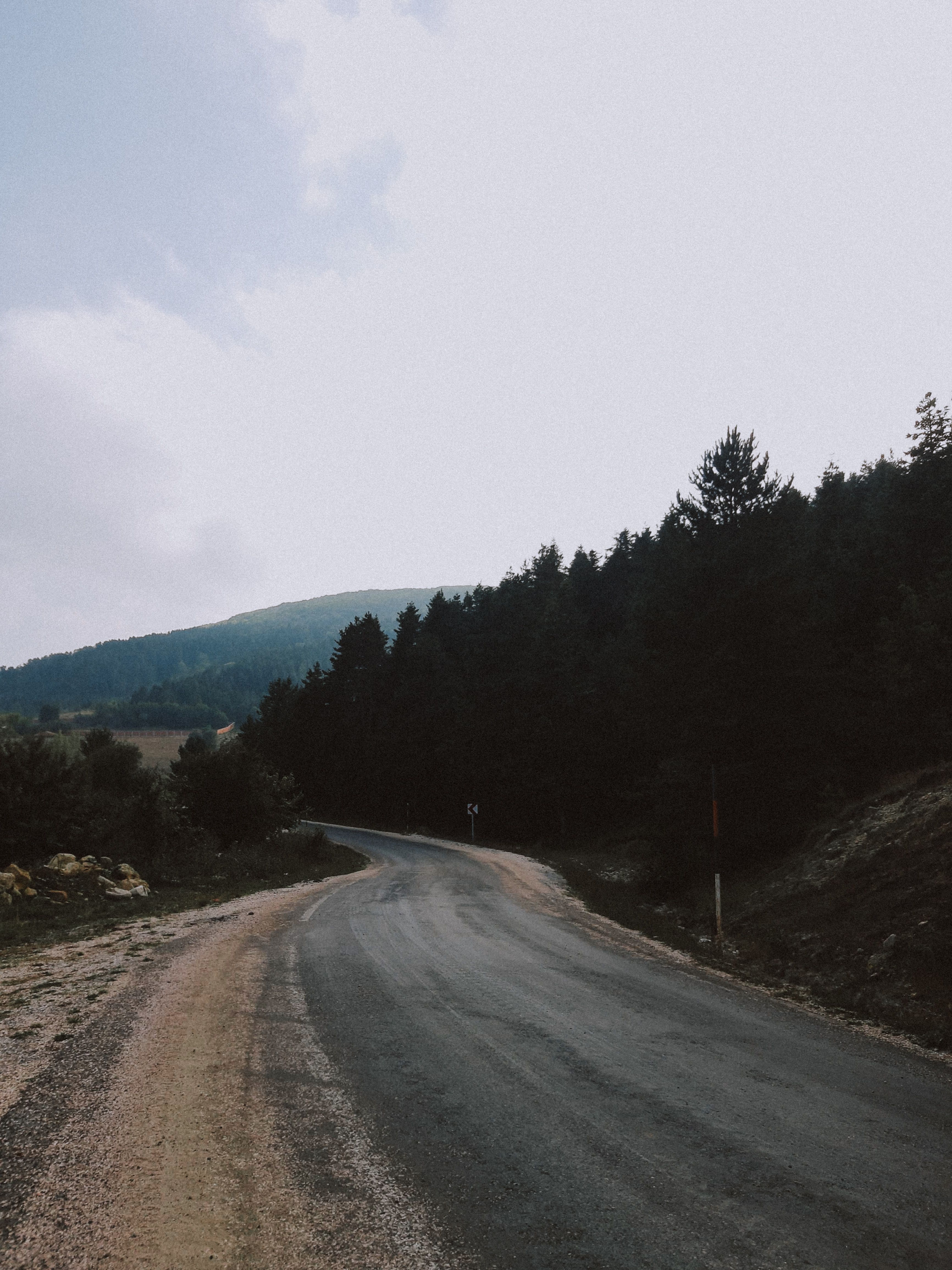 A serene winding road cutting through dense forest hills on a cloudy day, perfect for travel enthusiasts.