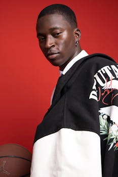 Teenager with a basketball in a stylish jacket on a bold red background.