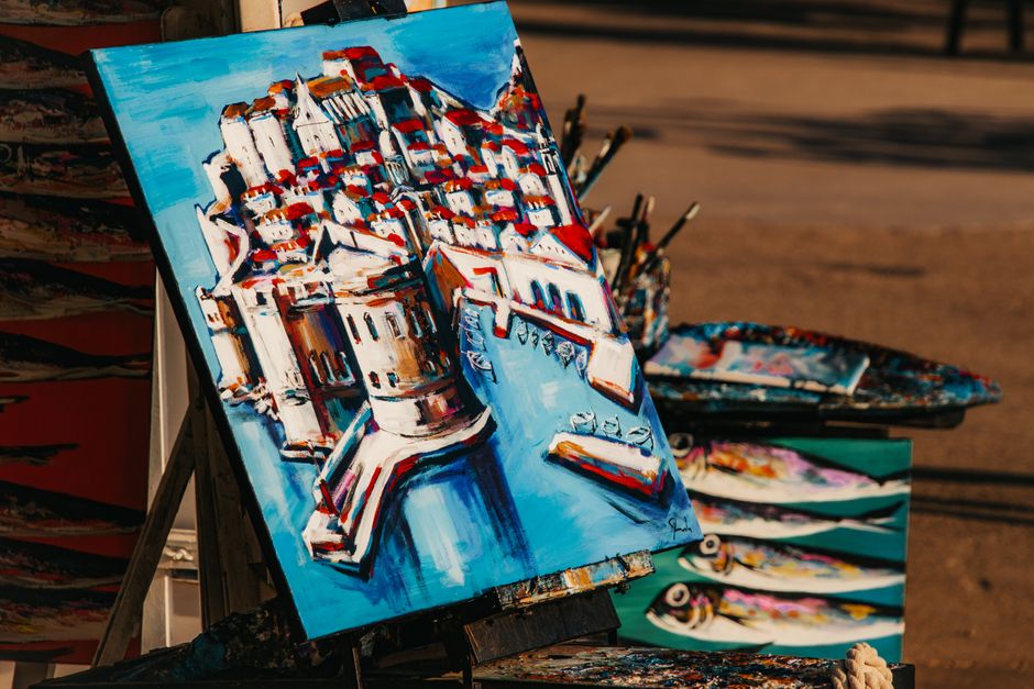 Vibrant painting of Dubrovnik captures the essence of Croatian coastal culture.
