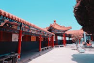 蔚蓝的天空下，充满活力的中国传统寺庙有着错综复杂的红色屋顶