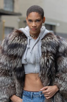Model posing in an edgy fur coat and hoodie, showcasing urban fashion in New York City.