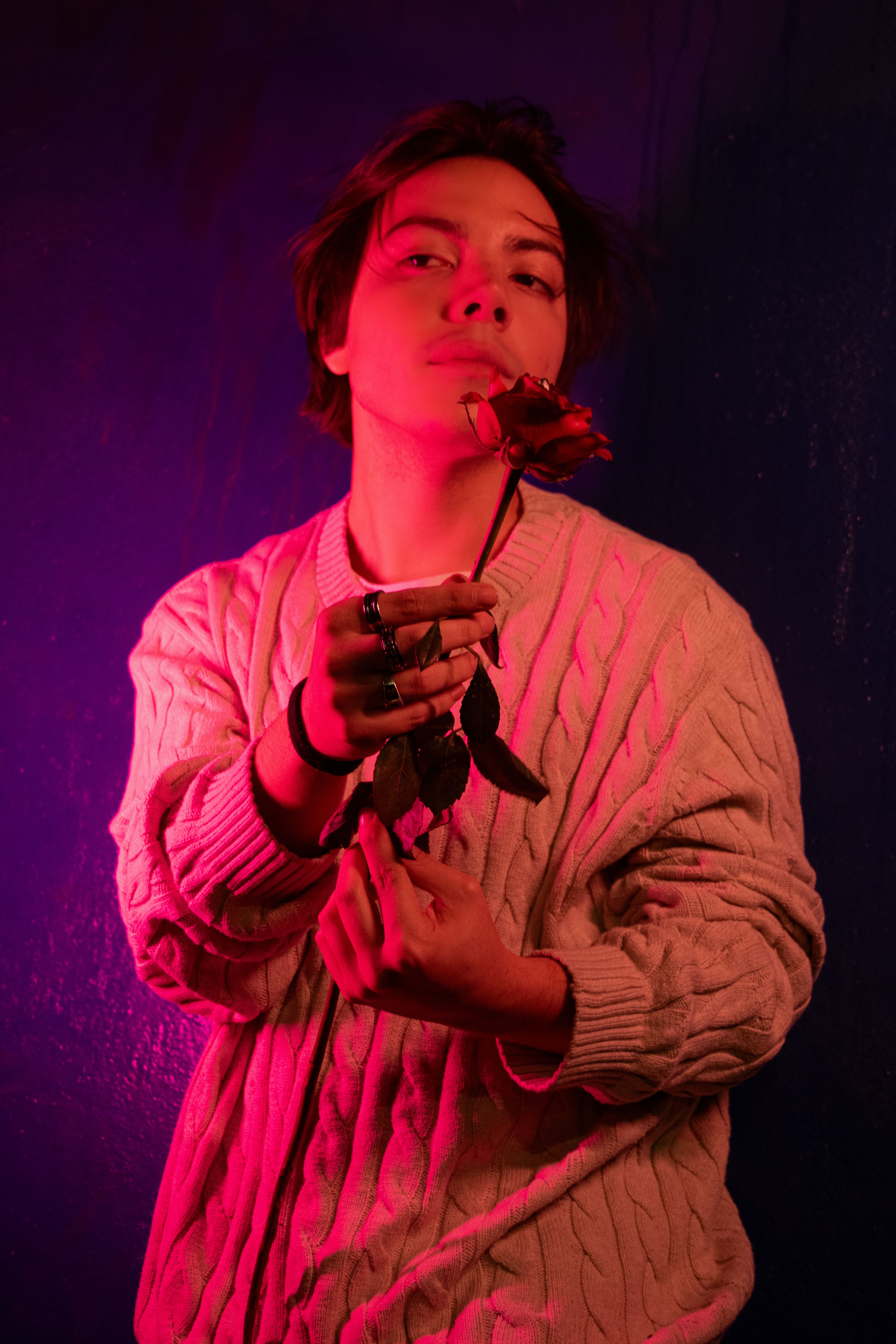 A dramatic portrait featuring a person holding a rose under vibrant red and blue lighting.
