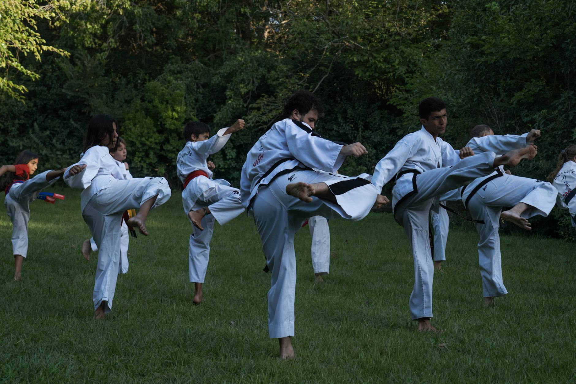 Group of karate students practicing high kicks outdoors in Buenos Aires.