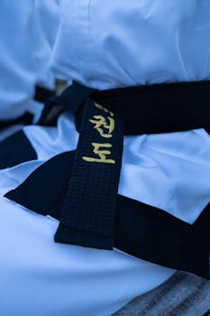 Detailed shot of a martial arts black belt with embroidered characters, symbolizing discipline and skill.