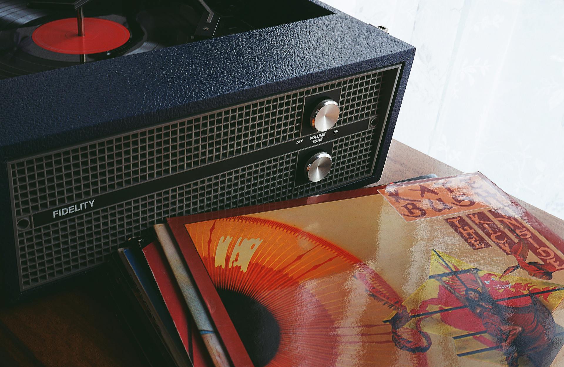 Black Speaker Beside Vinyl Sleeve