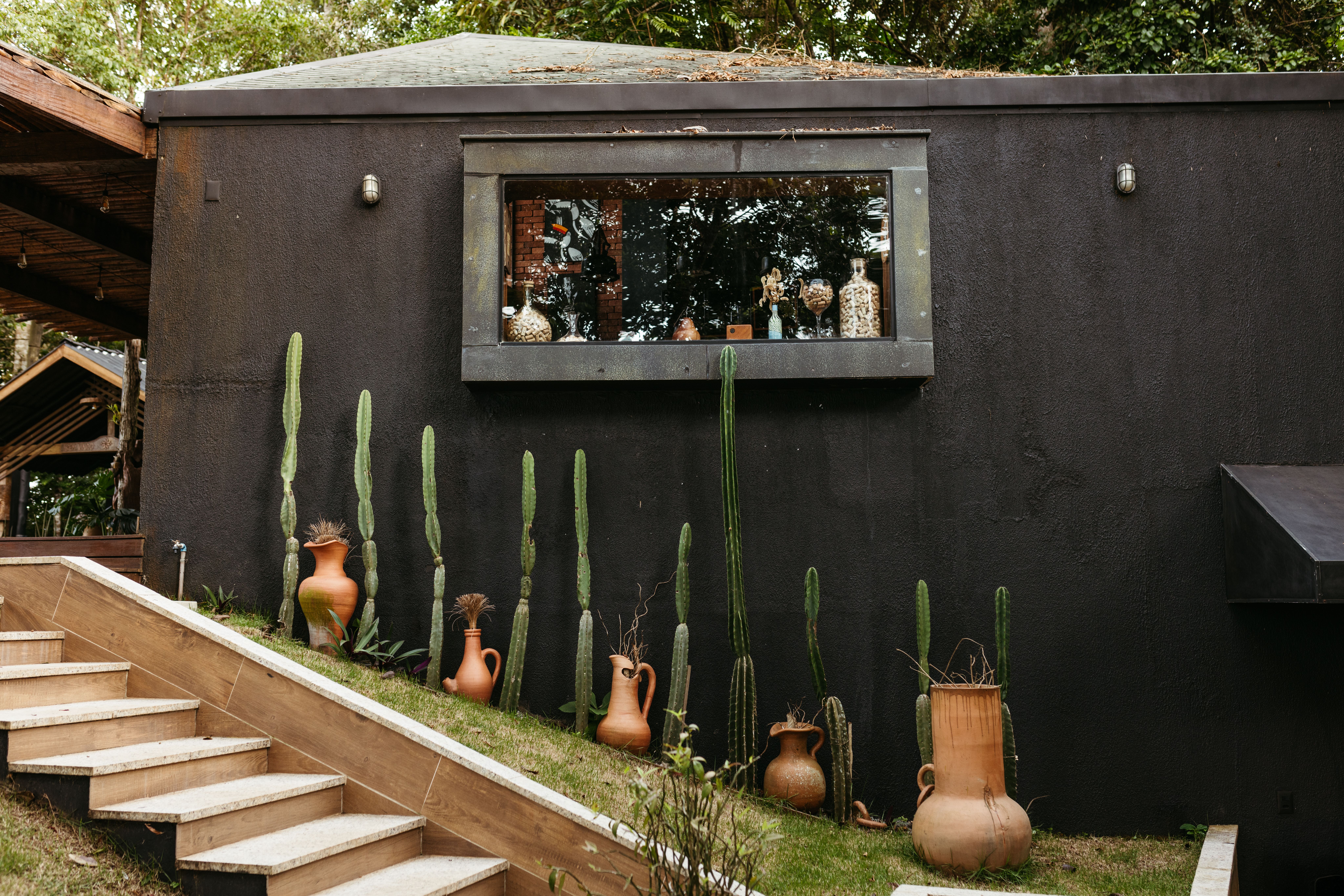Modern outdoor space with black exterior wall, cacti, and terracotta pots arranged along a sloped garden