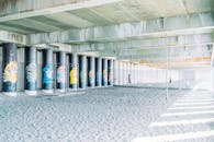 索契一座桥下，柱子布满涂鸦，地面是沙地，景象抽象而充满活力