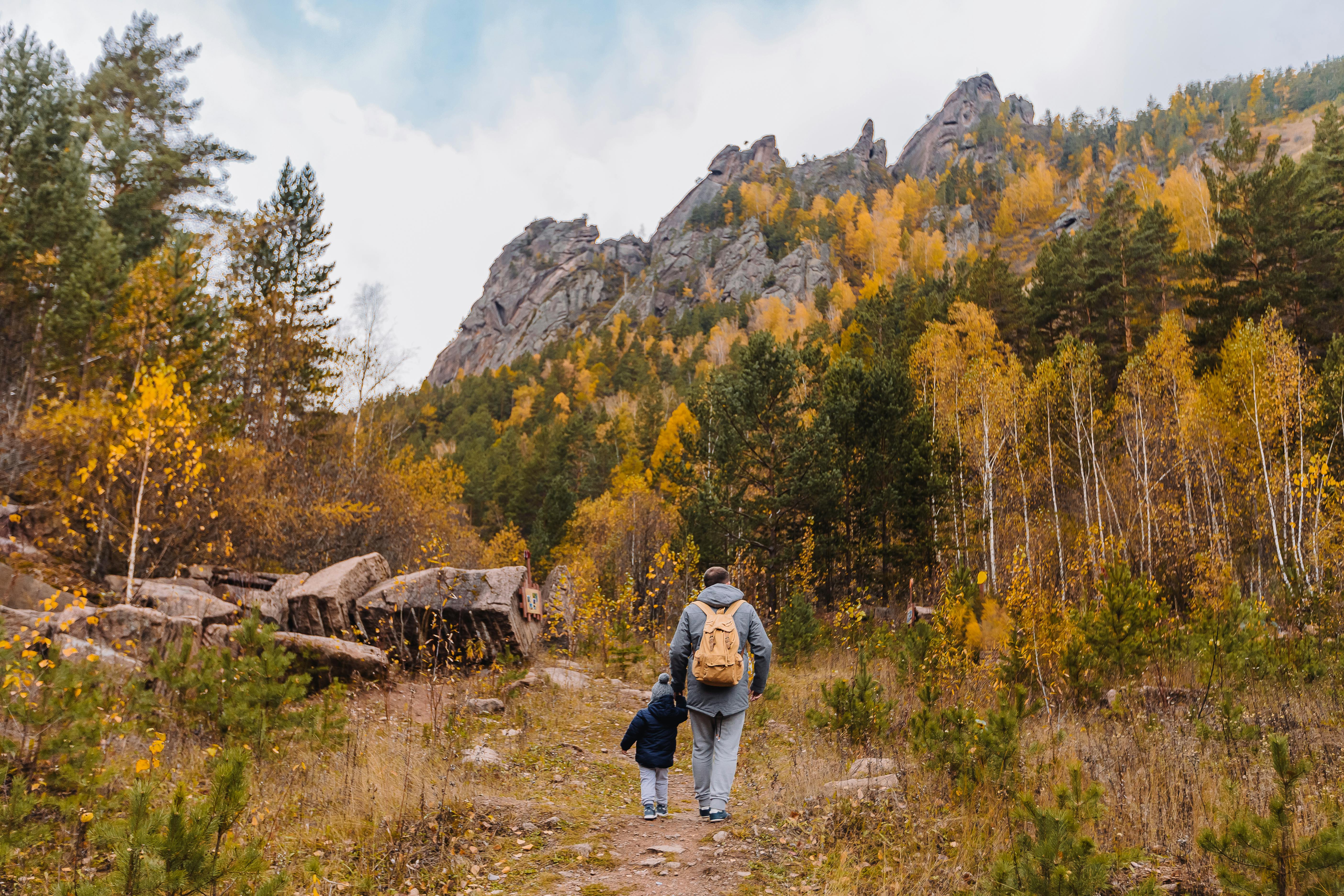 Free Man and Baby Walking Near Trees Stock Photo