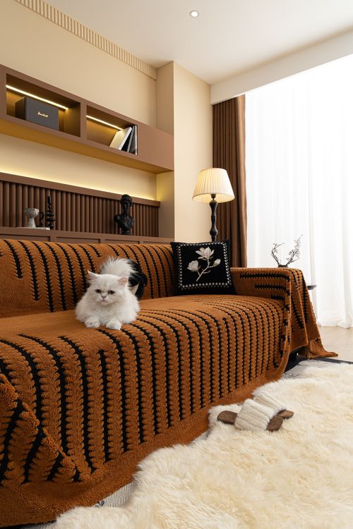 Free Warm living room setting with a fluffy cat resting on a stylish brown couch. Stock Photo