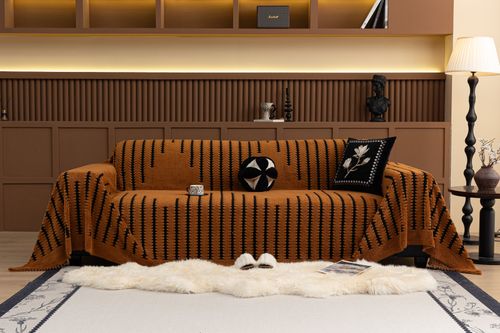 Free Elegant living room featuring a modern geometric sofa cover and cozy decor. Stock Photo