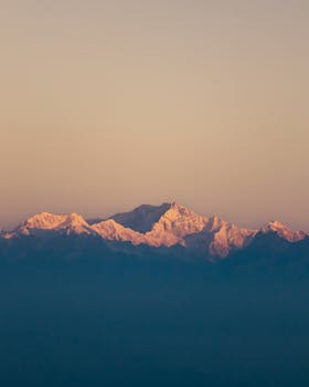 High altitude view of the Himalayan Mountains at sunrise, displaying snow-capped peaks under a warm sky.