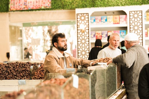 Vibrant scene of a traditional date market in Saudi Arabia with diverse people engaging.