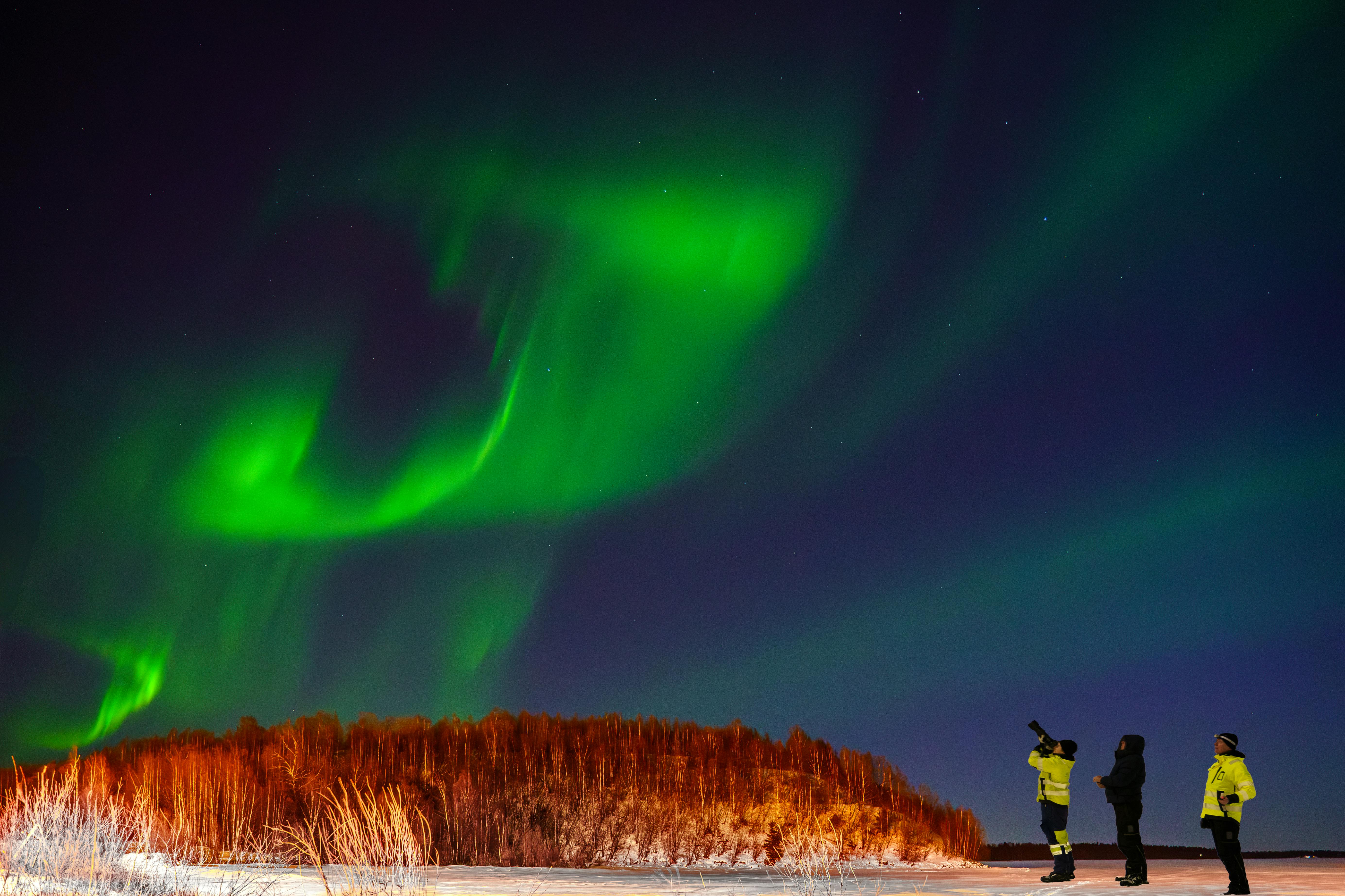 Spectacular aurora borealis lights up the night sky in Kemi, Lapland, Finland.