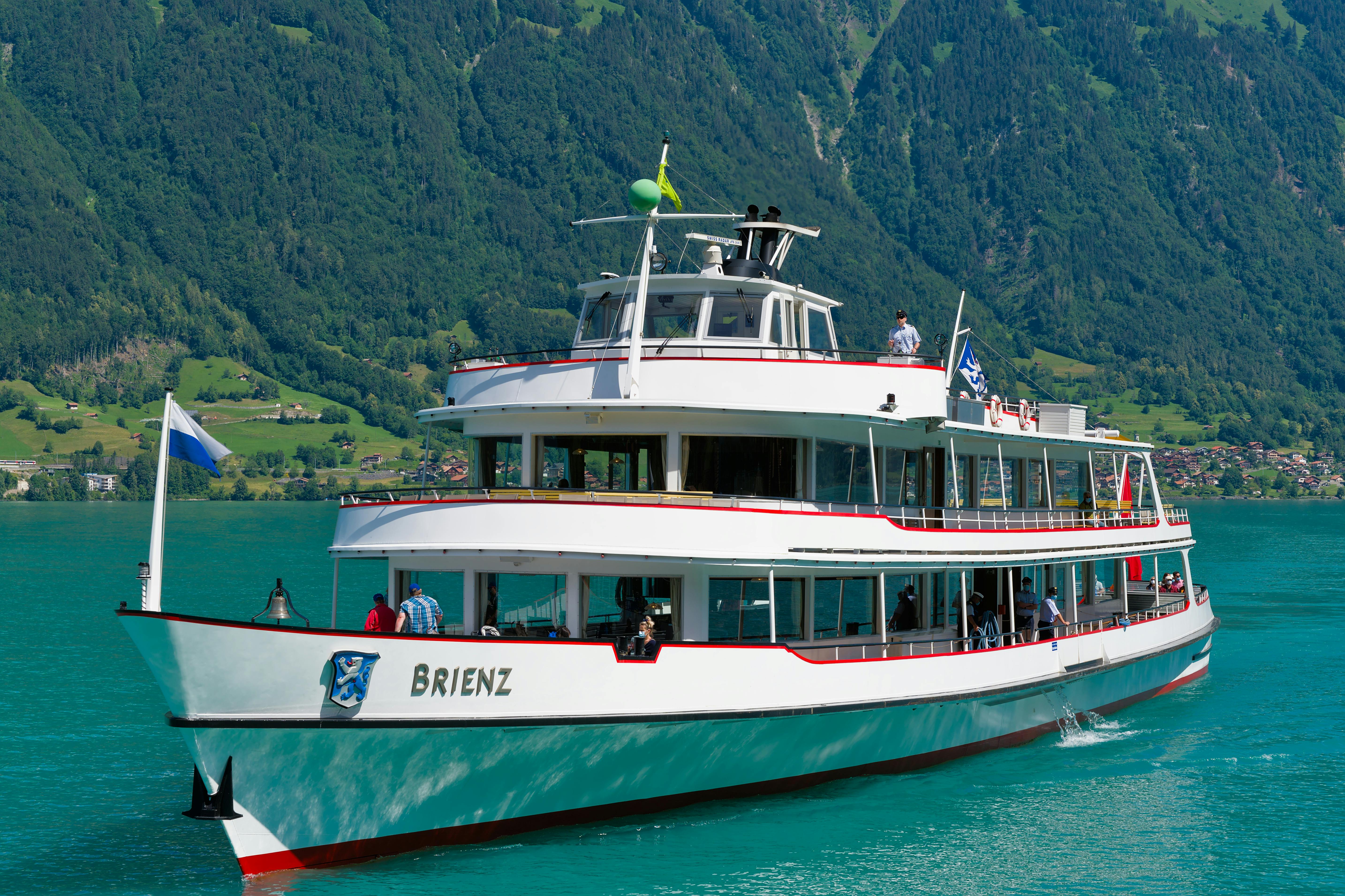 Experience a picturesque cruise on Lake Brienz amidst Swiss mountains.