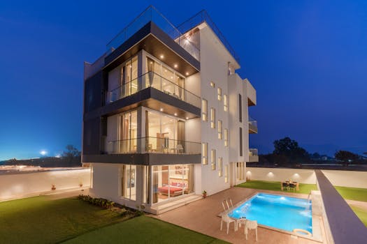 Elegant modern villa with pool, captured at twilight, showcasing contemporary architecture.