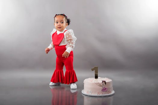 Cute toddler girl in red celebrates her first birthday with a decorated cake in a photo studio.