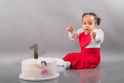 Cute baby in red outfit with first birthday cake in studio setup.