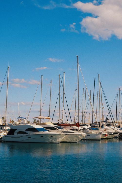 Free A serene view of luxury yachts moored in a sunny marina under a clear sky. Stock Photo