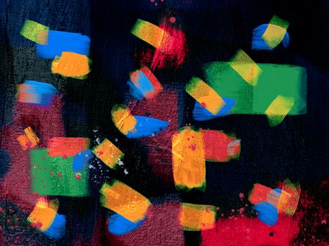 Bold and colorful abstract expressionist painting with textured brushstrokes and vibrant shapes.