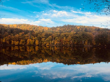 Beautiful autumn foliage reflected in a tranquil lake with a clear blue sky in Vermont.