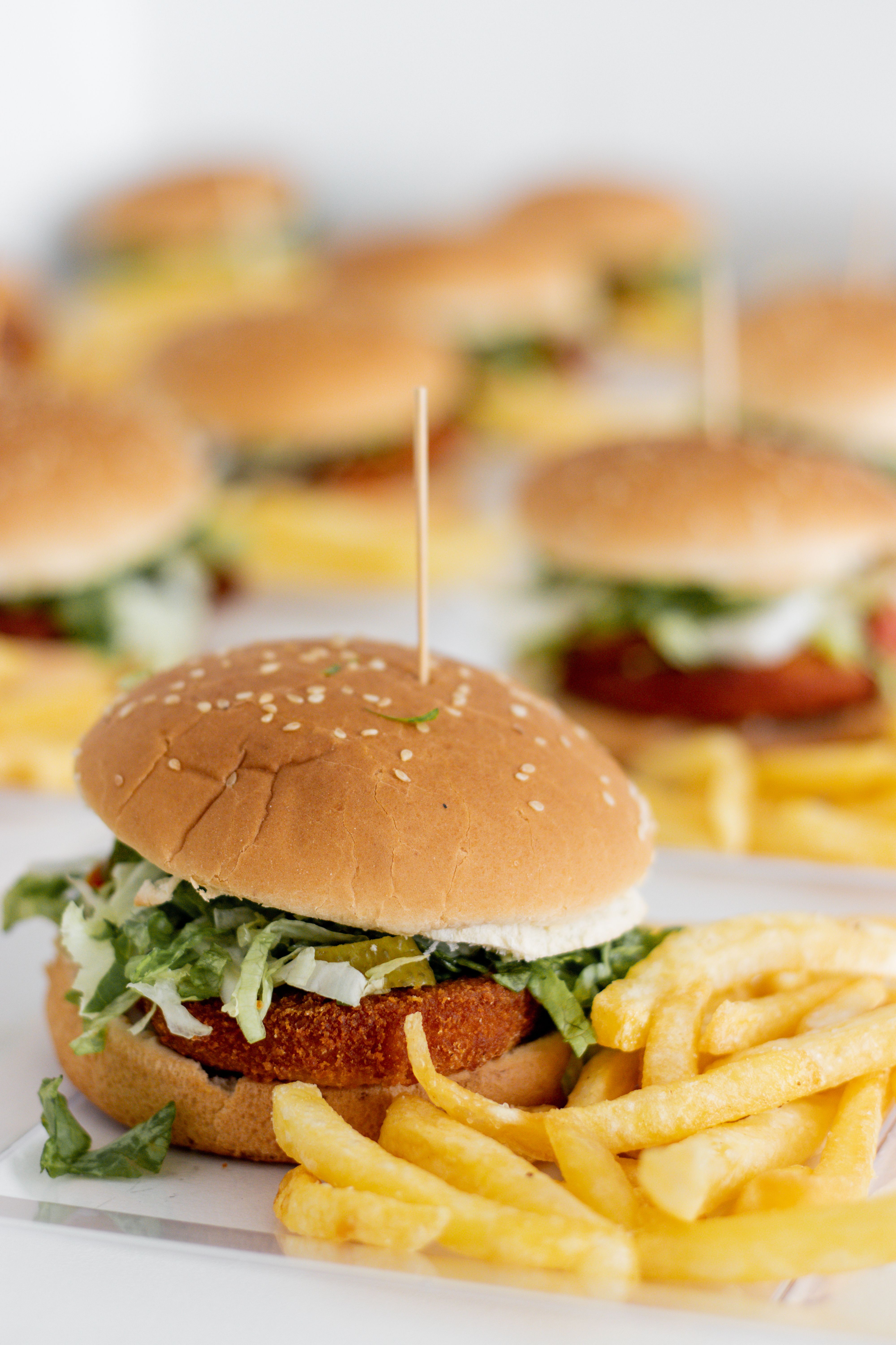 Appetizing burgers with fresh lettuce and crispy fries. Perfect for fast food lovers.