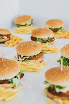 Mouth-watering burgers with crispy fries, perfect for food photography or dining scenes.