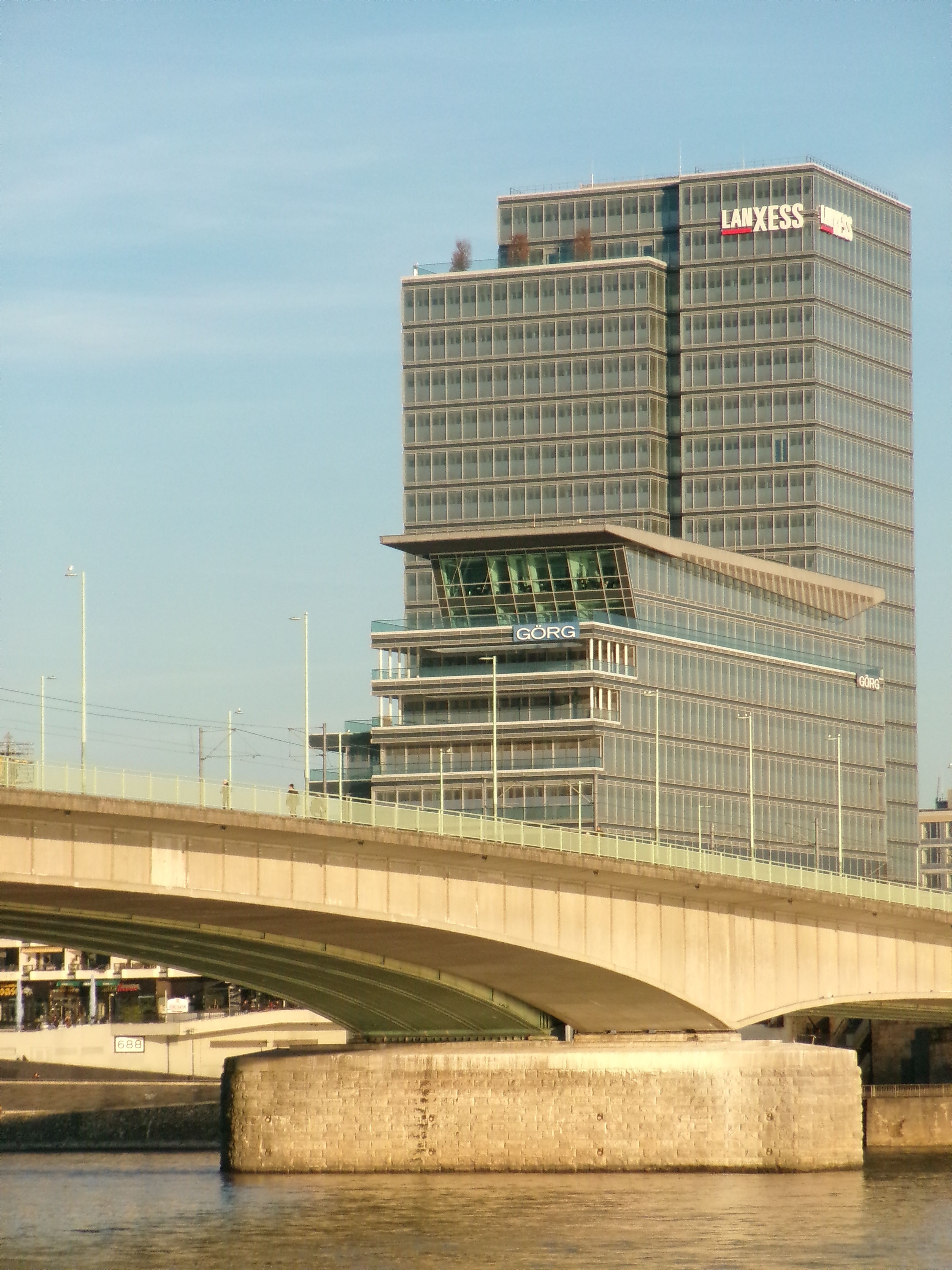 View of a modern high-rise building near the Rhine River in Cologne, Germany.