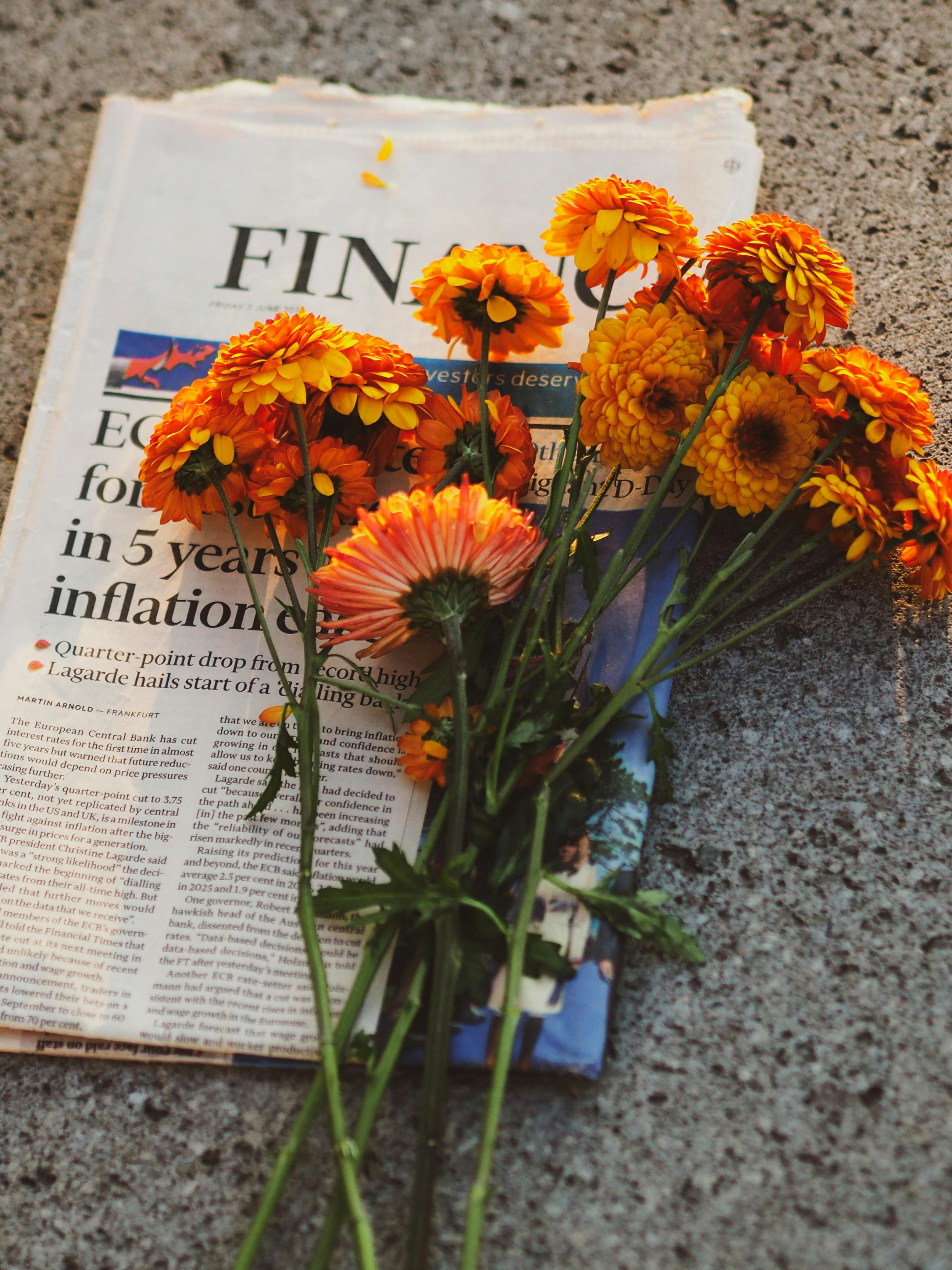 orange marigolds on a financial times newspaper