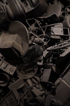 A close-up view of various industrial scrap metal pieces, artistically arranged.