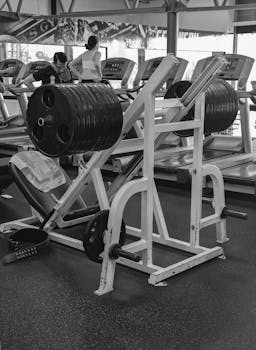 Black and white photo of a leg press machine in a gym with treadmills and people exercising.