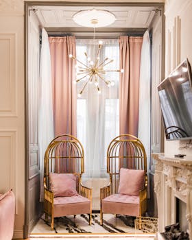 Elegant living space featuring pink velvet chairs and gold accents in a modern classic interior.
