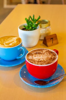 Colorful coffee cups and plant on café table, creating a cozy vibe.