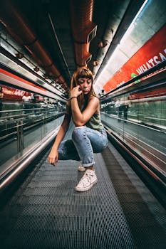 Stylish young woman posing in an urban tunnel with vibrant lighting.