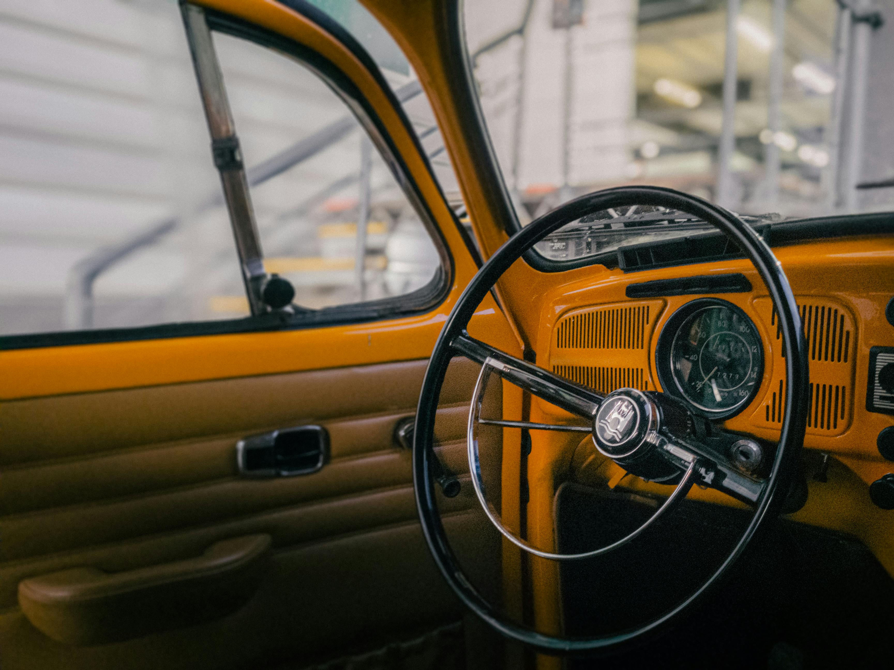 Close-up of classic Volkswagen Beetle dashboard showing vintage car design elements. - La Paz