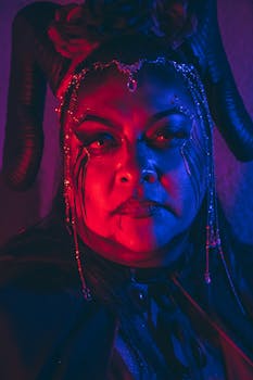Intense portrait featuring artistic makeup, red and blue lighting, and a horned costume for a dramatic effect.